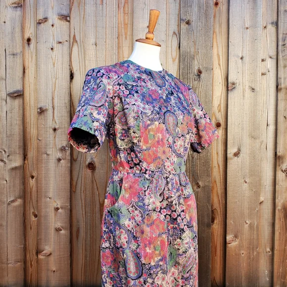 Vintage Handmade Paisley Floral Print Fit & Flare Dress Size M - Picture 6 of 8